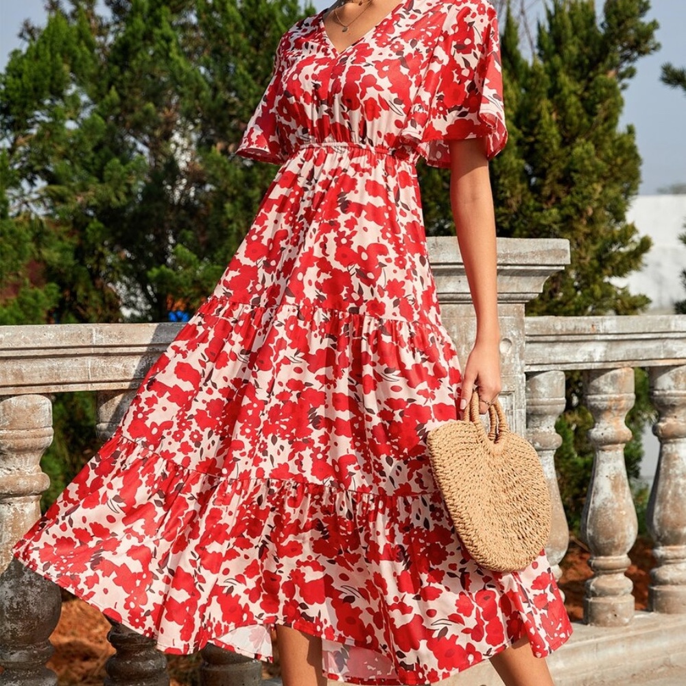 Bohemian Red Floral Print Butterfly Sleeve Maxi Dress - Picture 2 of 6